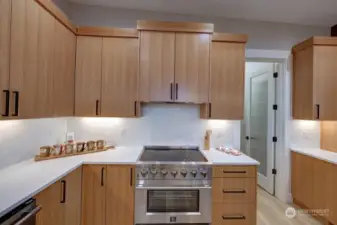 Stove and counter space showing Walk-In Pantry