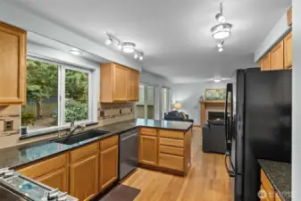 Large kitchen sink w/peaceful backyard in view