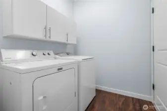 Washer and dryer stay in laundry room with cabinetry for your cleaning supplies. Gives access to attached garage.