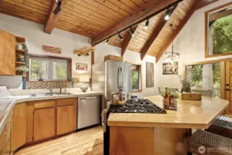 Updated kitchen with sleek stainless steel appliances and attractive modern lighting.