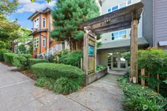 The main entrance the Midori Condos is welcoming and the landscaping is lush and well maintained.