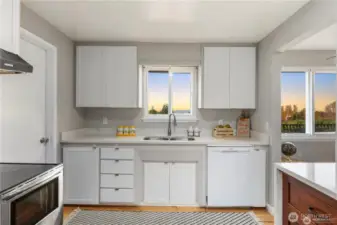 Kitchen overlook the backyard and Puget Sound