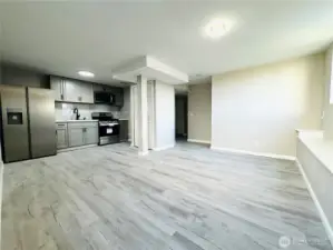 Lower level Living Room New Flooring and Brand New Kitchen