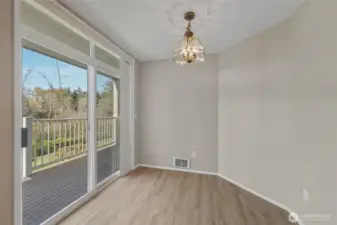 Dining room with large sliding door to the deck