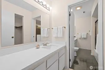 Primary with lockable door open to shower/toilet.