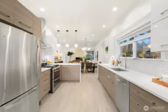Modern, updated kitchen with sleek lines and stainless steel appliances