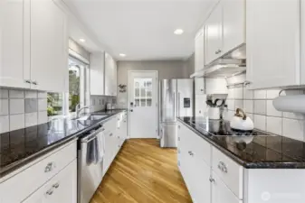 Ample counter space and stainless steel appliances.