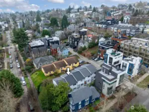 Arial photo of Madison Valley East Townhomes located on a quiet street with easy access to Madison Valley, Capital Hill, and the Central Area shops, grocers, and eats!