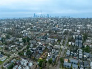 Arial View looking west towards downtown Seattle. Convenient central location with easy access to bus lines, including the rapid ride G line and downtown or 520 Bridge to the Eastside.