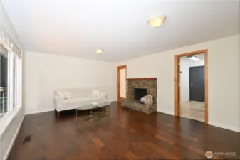 The stone-surround fireplace is an inviting spot on cool evenings.