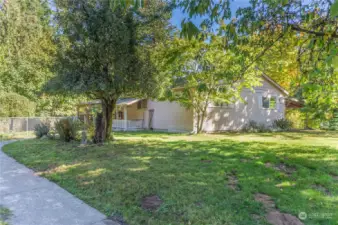 A lovely shaded yard embraces this charming 1950s stick built home with extra large garage, on two country acres.