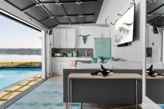 No detail was overlooked throughout this property: playful tile backsplash and the coolest retro fridge you'll ever see.