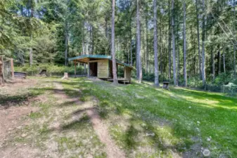 Small animal shelter in the fenced pasture area stays with the home.  Great place for small animals to get out of the elements or get food and water.  Current owner has pigs, goats and chickens.