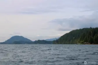 Expansive lake and mountain views.
