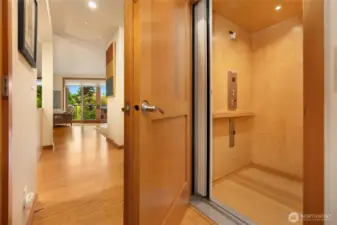 Once in the entry you are greeted with natural bamboo floors and a wide hallway. The in-home elevator is a wonderful feature!