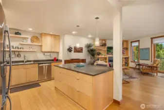 A view from the kitchen looking back at the living area.