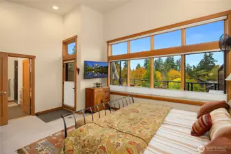 Wonderful windows in the primary bedroom. the door to the right leads out to a very large deck and the middle door leads to a full bath.