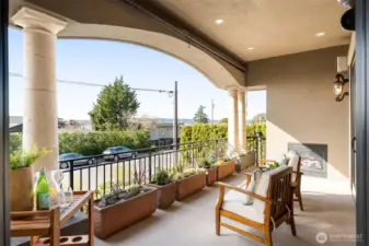 View Balcony with fireplace from main floor.