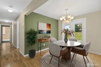 A virtually staged picture of the dining room.