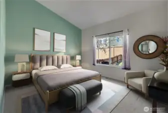 Virtually staged, primary bedroom ~