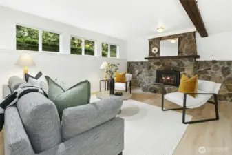 Gorgeous wood beams, gas fireplace.