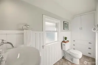 Upstairs bathroom with built in storage.