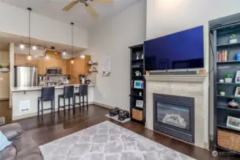 Nice gas fireplace in living room area.