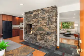 Natural stone chimney with indoor bbq