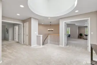 The incredible & light filled landing is such a surprise! French Doors to the Right, Bonus Room ~ French Doors to the Left, Primary Suite