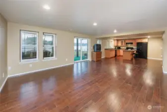 Lower floor has large living space with kitchen on the lake level.