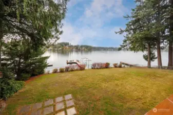 View of the water and docks from lower living area level.