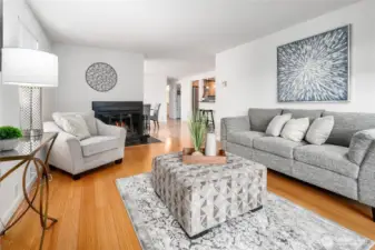 Living room with wood-burning fireplace