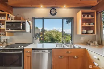 SS appliances, breakfast bar and Mt Rainier