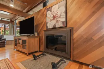 Cozy wood burning fireplace in living room