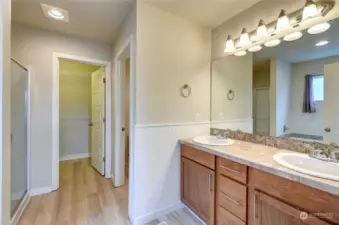 Primary En-suite with dual sinks, soaking tub, walk-in shower, walk-in closet, and separate toilet room.