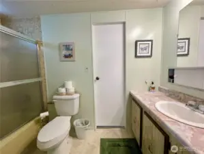 Guest bathroom which has a passthrough to the laundry room.