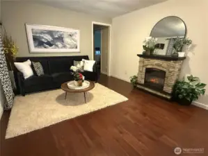 Newly painted accent wall with new trim.