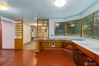 Kitchen to living room and bedroom/bathroom hallway