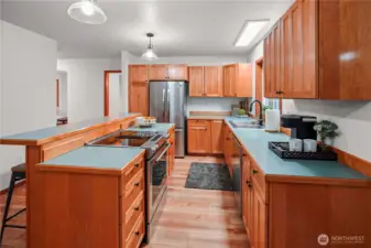 This angle of the kitchen showcases the ample counter space and impressive amount of cabinetry perfect for cooking and orginization.