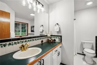 Primary bathroom with new toilet, new vanity mirror, new flooring, new towel bars and new lighting