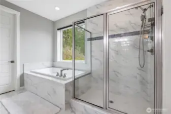 Luxurious 5-piece primary with soaker tub and walk-in shower