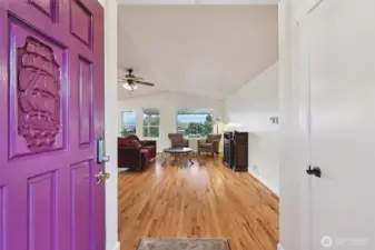 Front entry from the driveway opening into the living room.