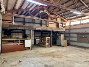 Interior of detached garage shop with loft