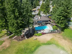Aerial view of the clubhouse including swimming pool and hot tub.