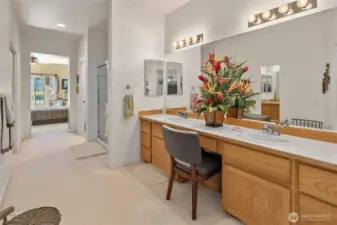 View of primary bedroom from ensuite bathroom.