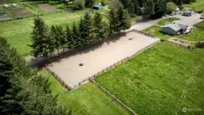 Riding Arena is 215'x70'. Three rail fencing. Horse obstacles include large tire, teeter-totter and poles. Sure to keep you and your horse entertained for hours!