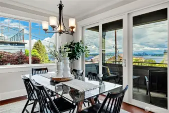 Dining area wth view balcony.