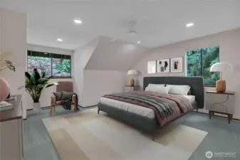 Virtually staged view of the primary bedroom.