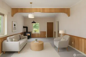 Large living room / dining room that's light and bright & opens to the kitchen.    This image has been virtually staged to show the potential of the space.