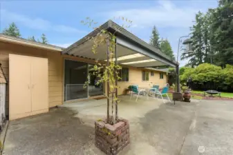 Covered porch in the back yard.